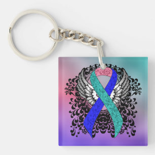 Teal/Pink/Blue Ribbon with Wings Keychain