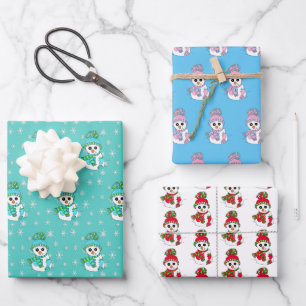 Teal, Pink, Blue Snowman Christmas Wrapping Paper Sheets