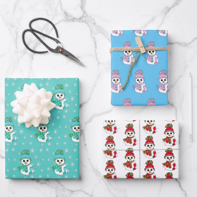 Teal, Pink, Blue Snowman Christmas Wrapping Paper Sheets (Front)