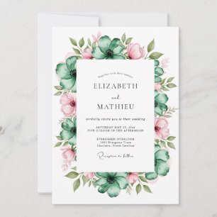 Teal Pink Botanical Romance Wedding Invitation