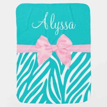 Teal Pink Bow Zebra Personalized Baby Blanket by mybabytee at Zazzle