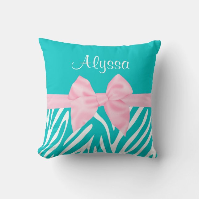 Teal Pink Bow Zebra Personalized Throw Pillow (Front)
