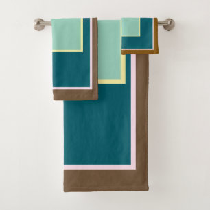 Teal Pink Brown Block Patterned Bath Towel Set