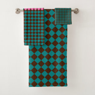 Teal Pink Brown Checker Diamond Pattern Bath Towel Set