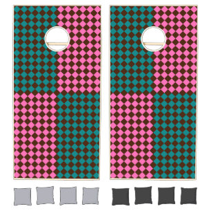 Teal Pink Brown Checker Diamond Pattern Cornhole Set