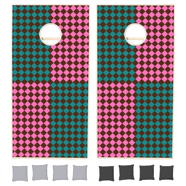 Teal Pink Brown Checker Diamond Pattern Cornhole Set (Set)