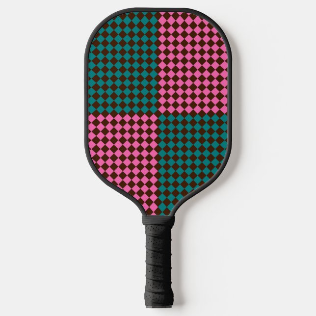 Teal Pink Brown Checker Diamond Pattern Pickleball Paddle (Front)