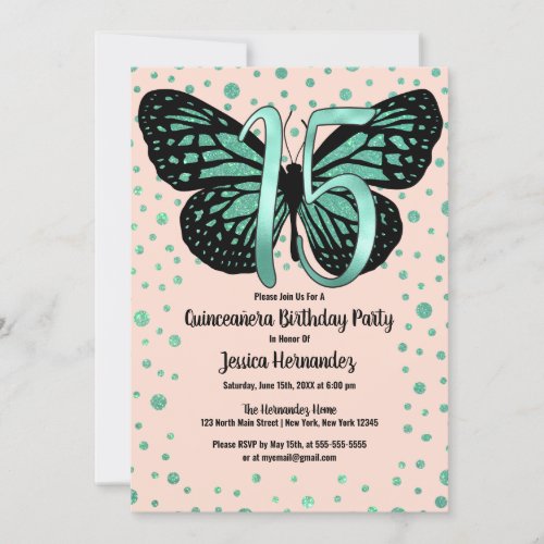 Teal Pink Butterfly Glitter Confetti Quinceaera Invitation