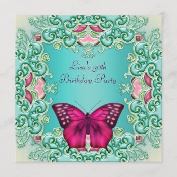Teal Pink Butterfly Womans 30th Birthday Invitation by InvitationCentral at Zazzle