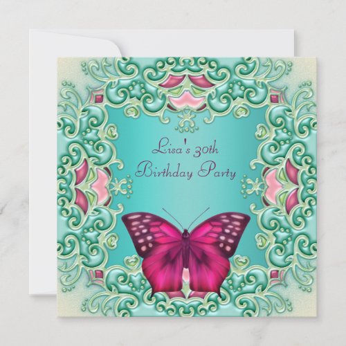 Teal Pink Butterfly Womans 30th Birthday Invitation