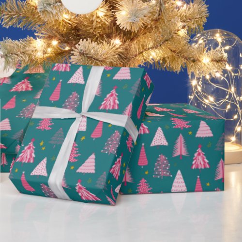 Teal  Pink Christmas Tree Pattern Wrapping Paper