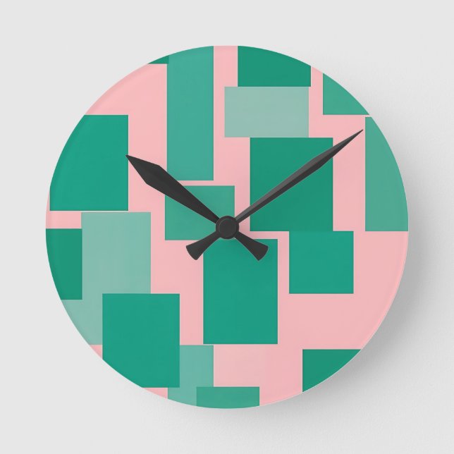 Teal Pink Color Block Pattern Modern Abstract  Round Clock (Front)