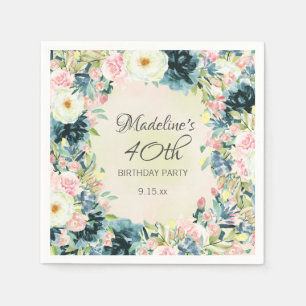 Teal Pink Cream Floral Women's 40th Birthday Napkins