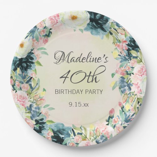 Teal Pink Cream Floral Womens 40th Birthday  Paper Plates