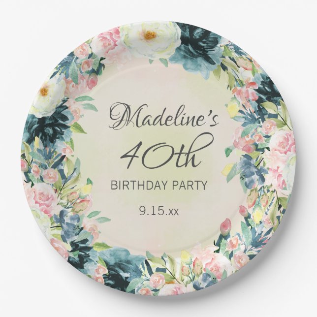 Teal Pink Cream Floral Women's 40th Birthday  Paper Plates (Front)