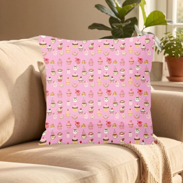 teal pink dualsided coffee cupcake donut pattern throw pillow (Creator Uploaded)
