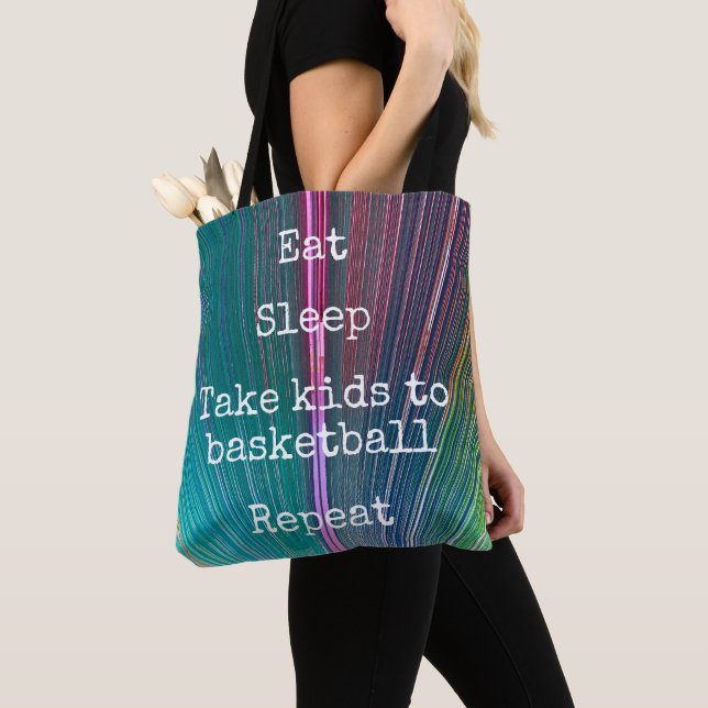 Teal Pink Eat Sleep Take Kids To Basketball Repeat Tote Bag (Close Up)