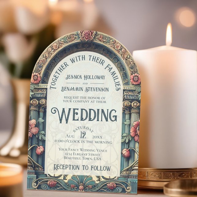 Teal & Pink Elegant Arch Art Nouveau Wedding Invitation (With Arch Cut)