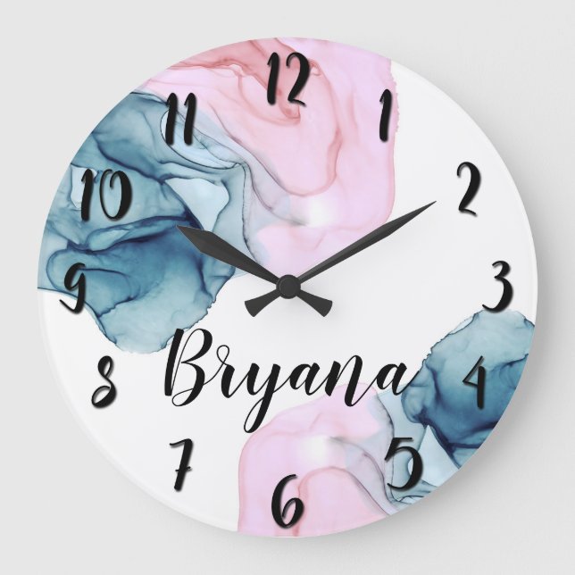 Teal & Pink Ethereal Inky Fantasy Trendy Glam Large Clock (Front)