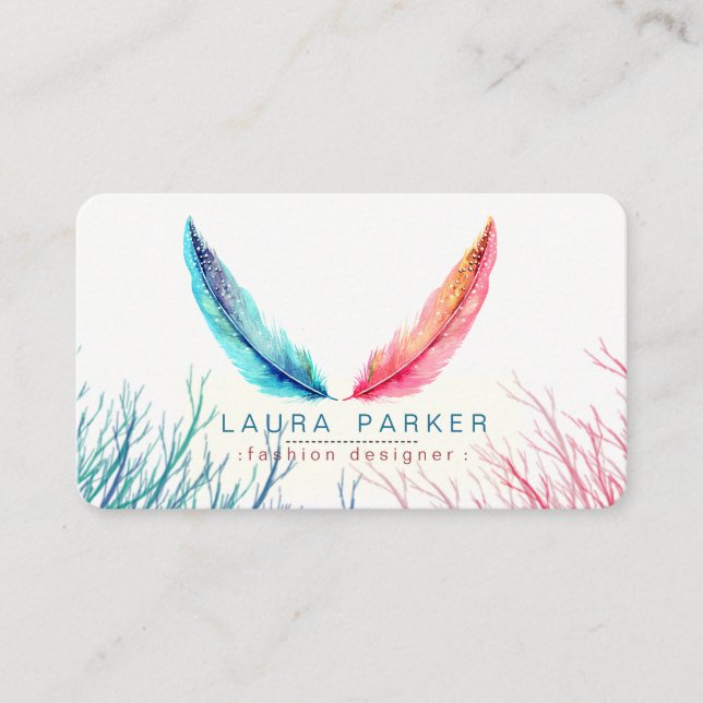 Teal Pink Feathers Watercolor Boho Turquoise Business Card (Front)
