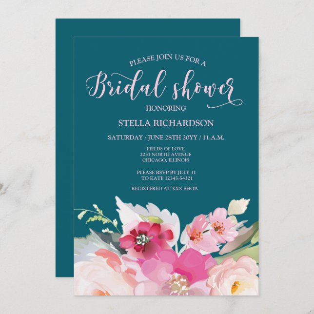  Teal  Pink Floral Bridal Shower Invitation (Front/Back)