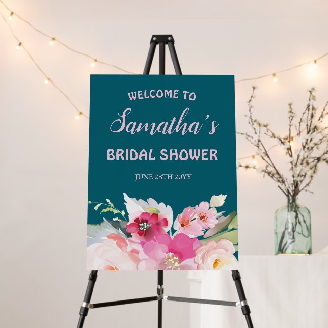 Teal Pink Floral Bridal Shower Welcome Foam Boards (In Situ (Stand))