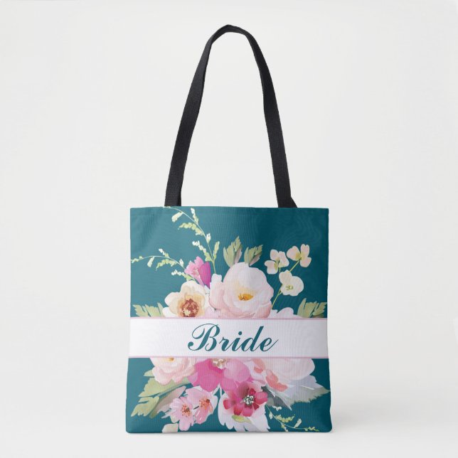 Teal Pink Floral Bride Tote Bag (Front)