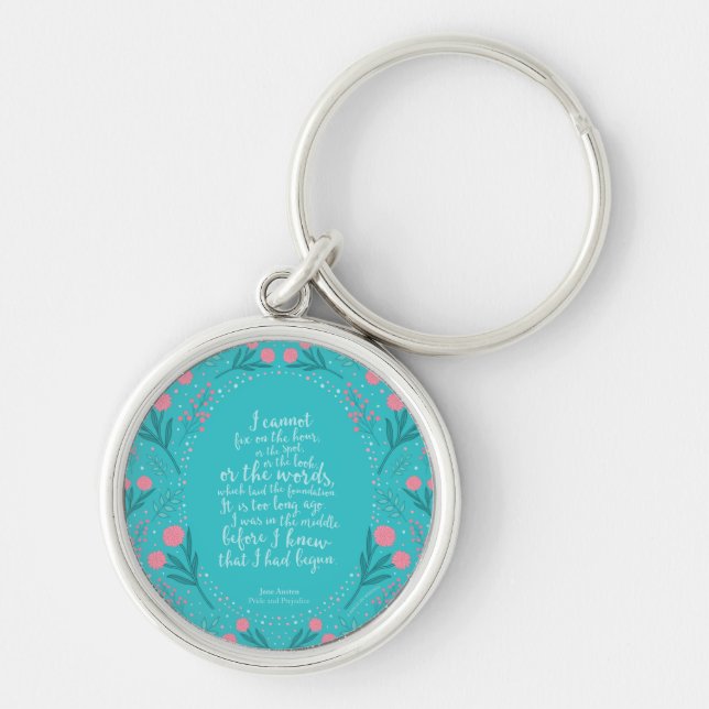 Teal & Pink Floral Jane Austen Pride and Prejudice Keychain (Front)