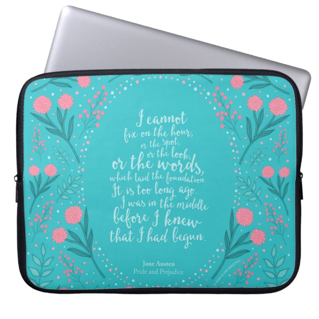 Teal & Pink Floral Jane Austen Pride and Prejudice Laptop Sleeve (Front)