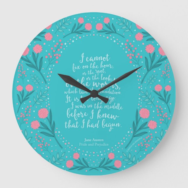 Teal & Pink Floral Jane Austen Pride and Prejudice Large Clock (Front)