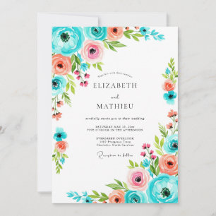 Teal Pink Floral Romance Wedding Invitation