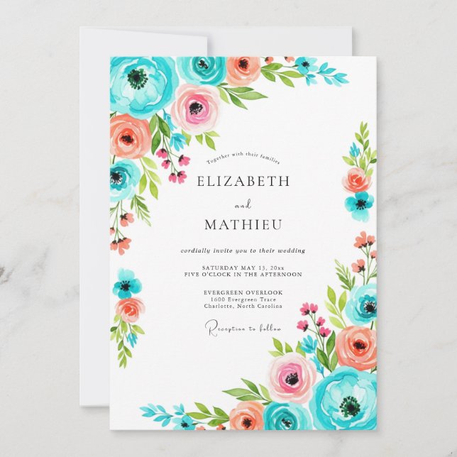 Teal Pink Floral Romance Wedding Invitation (Front)
