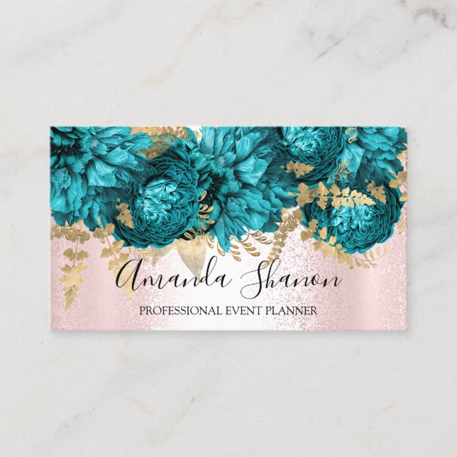 Teal Pink Flowers Rose Gold Logo Event Planner  Business Card (Front)