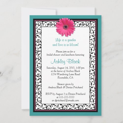 Teal Pink Gerbera Daisy Bridal Shower Invitation