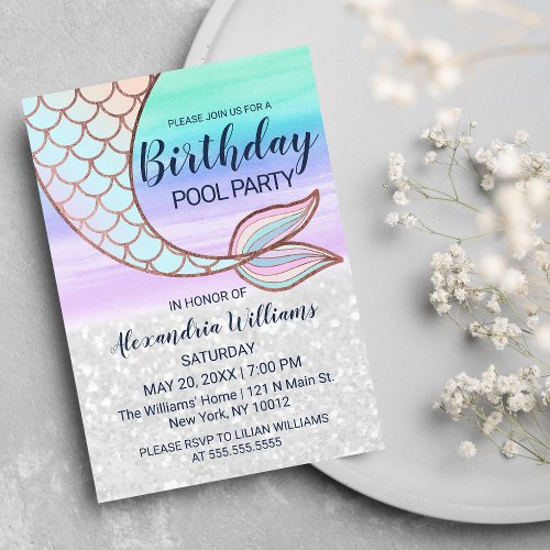 Teal Pink Glam Glitter Mermaid Tail Pool Birthday  Invitation Postcard
