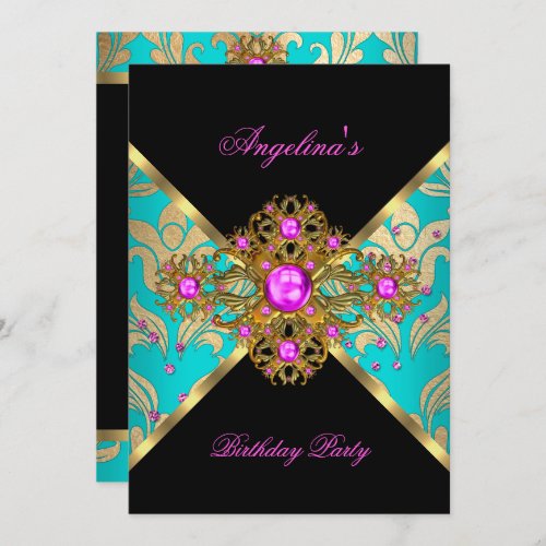 Teal Pink Gold Damask Floral Birthday Party Invitation