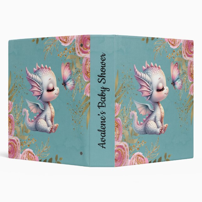 Teal Pink Gold Dragon & Butterfly Girl Baby Shower 3 Ring Binder (Background)