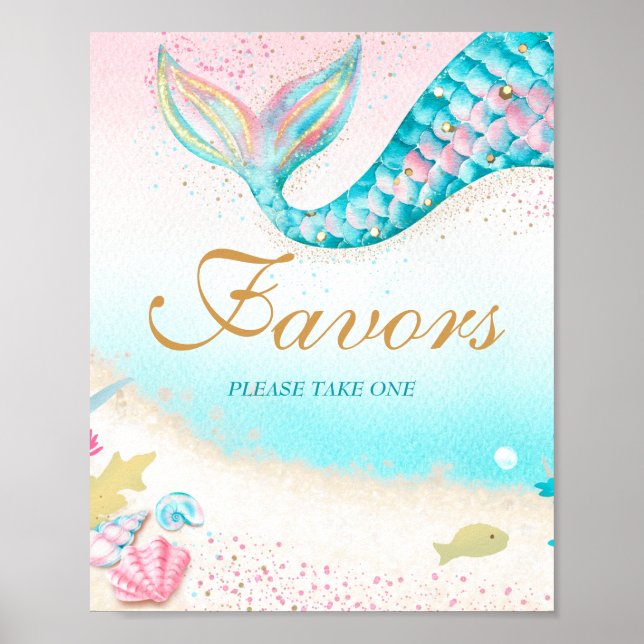 Teal Pink Gold Glitter Mermaid Tail Favors Sign (Front)