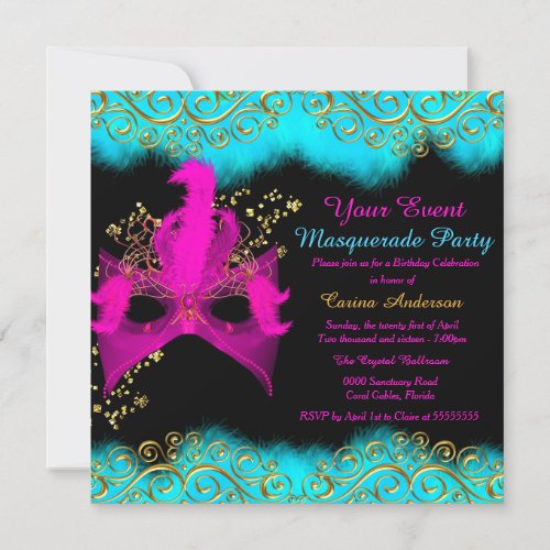 Teal Pink Gold Mask Masquerade Birthday Party Invitation