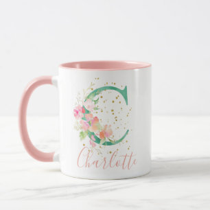 Teal Pink Gold Watercolor Floral Monogram C Mug