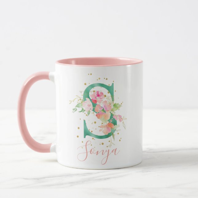 Teal Pink Gold Watercolor Floral Monogram S Mug (Left)