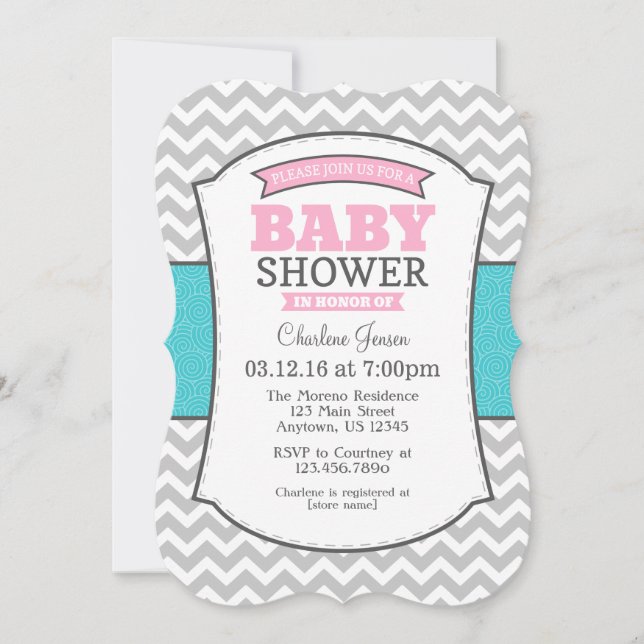 Teal Pink Gray Chevron Baby Shower Invitation (Front)