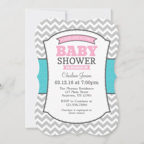 Teal Pink Gray Chevron Baby Shower Invitation