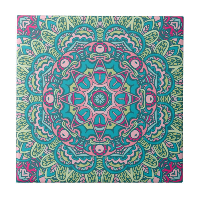 Teal, Pink, Green & Yellow Boho Mandala Decorative Ceramic Tile (Front)