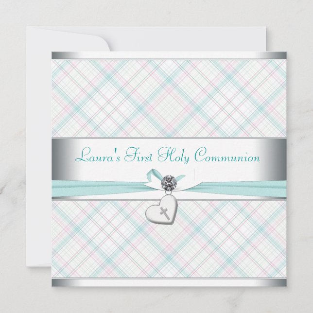Teal Pink Heart Pink Cross First Communion Invitation (Front)