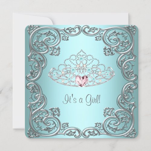 Teal Pink Heart Tiara Princess Baby Girl Shower Custom Invites