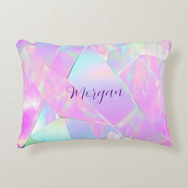Teal & Pink Iridescent Design, Script Name Accent Pillow (Front)