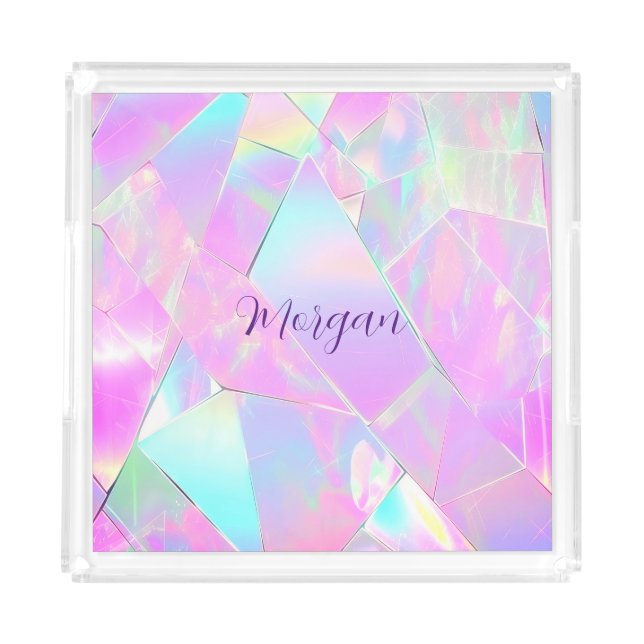 Teal & Pink Iridescent Design, Script Name Acrylic Tray (Front)