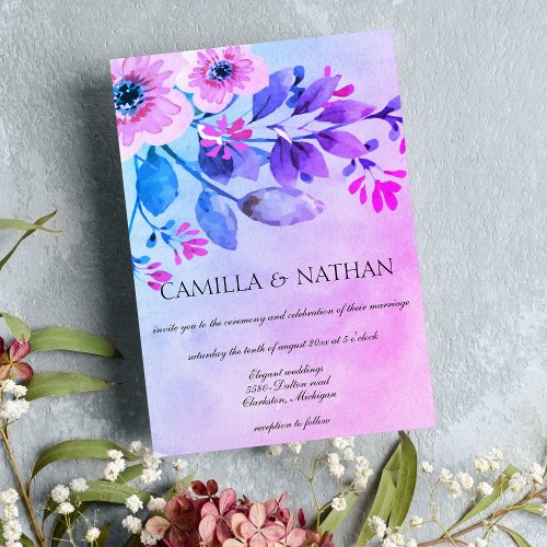 Teal pink lavender watercolor flowers wedding  invitation