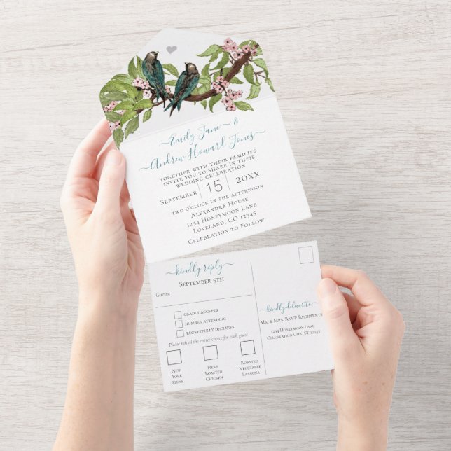 Teal Pink Lovebird Secret Forest Garden All In One Invitation (Tearaway)